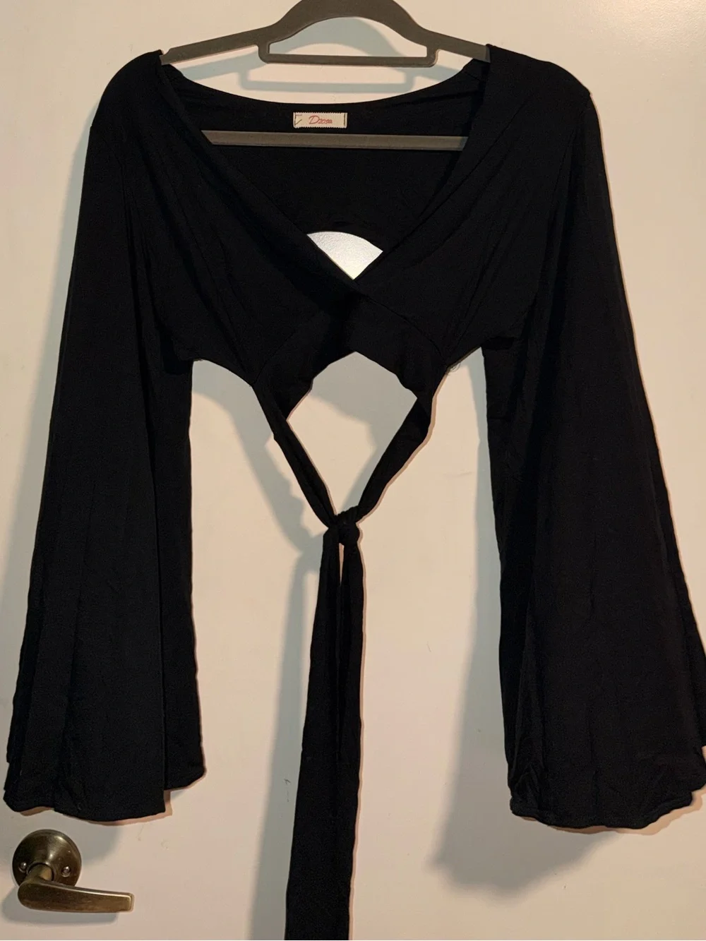 Dolls Kill Black Tie-Back Bell Sleeve Crop Top